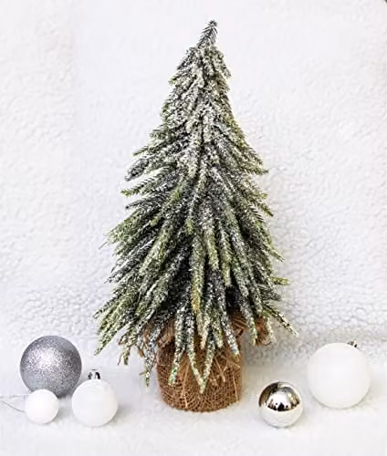 St Helens Home & Garden Decorative Snow Topped Mini Christmas Tree in Brown Hessian Bag, Height: 35 cm – 1