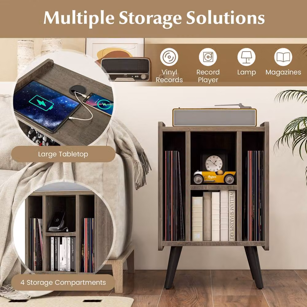 Costway Record Player Stand and Vinyl Record Storage Side Table with Power Outlet in Grey – 6