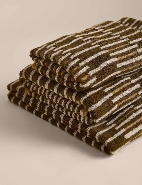 M&S Fluffy Pure Cotton Striped Towel in Moss Green