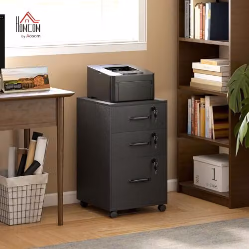 HOMCOM Mobile 3 Drawer Filing Cabinet with Lock and Castors, Black, H 69.5 x W 40 x D 40 cm – 2