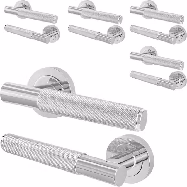 AFIT Polished Chrome Knurled Lever Door Handles with Round Rose, 5 Pairs, Silver