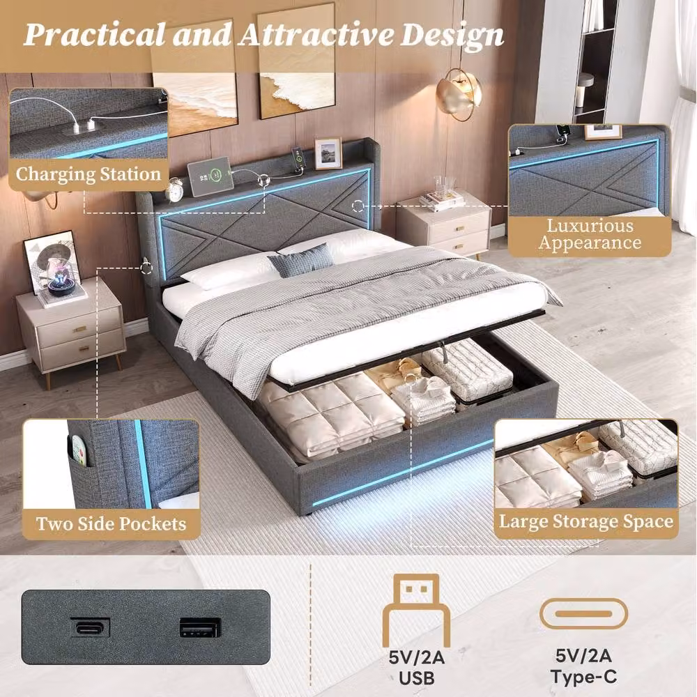 ModernLuxe King Ottoman Bed in Grey with LED Lighting, USB Charging Port and Storage Headboard – 5