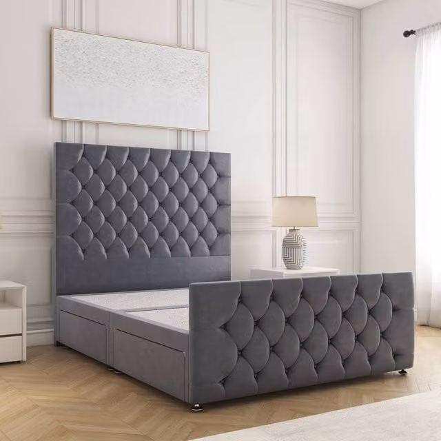 BSSPOKE Maya Velvet Divan Bed with 54 inch Headboard and 2 Drawers, Charcoal Grey, W/D/H: 120 x 200 cm