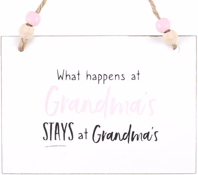 Uniqueful What Happens at Grandma's Hanging Wood Sign in White, 15 cm