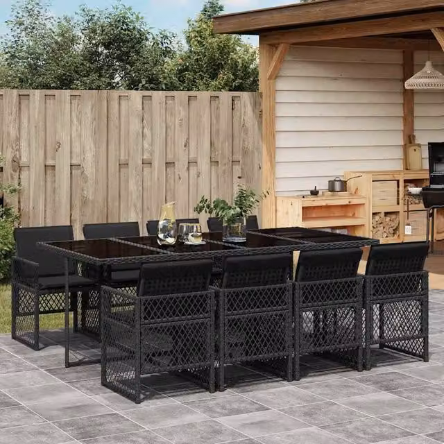 Berkfield Home 9 Piece Black Poly Rattan Garden Dining Set with Cushions and Glass Top – 1