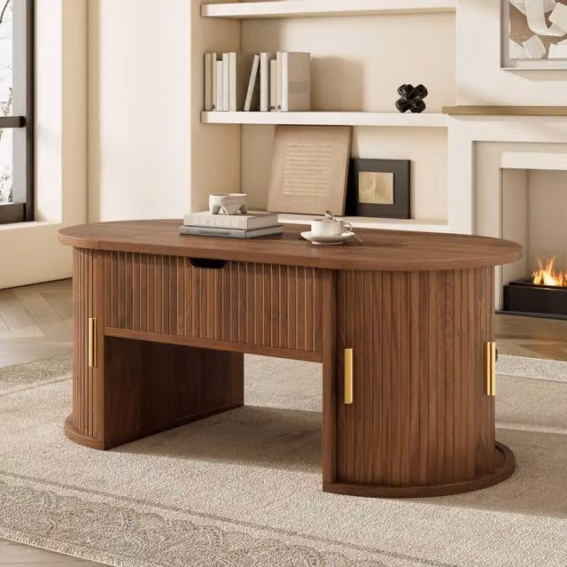 Merax Oval Lift-Top Coffee Table with Sliding Doors and Storage in Walnut