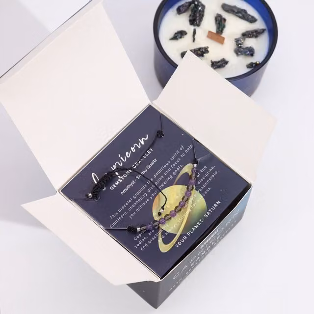KDMK Capricorn Zodiac Crystal Candle and Gemstone Bracelet Set in Blue and Purple