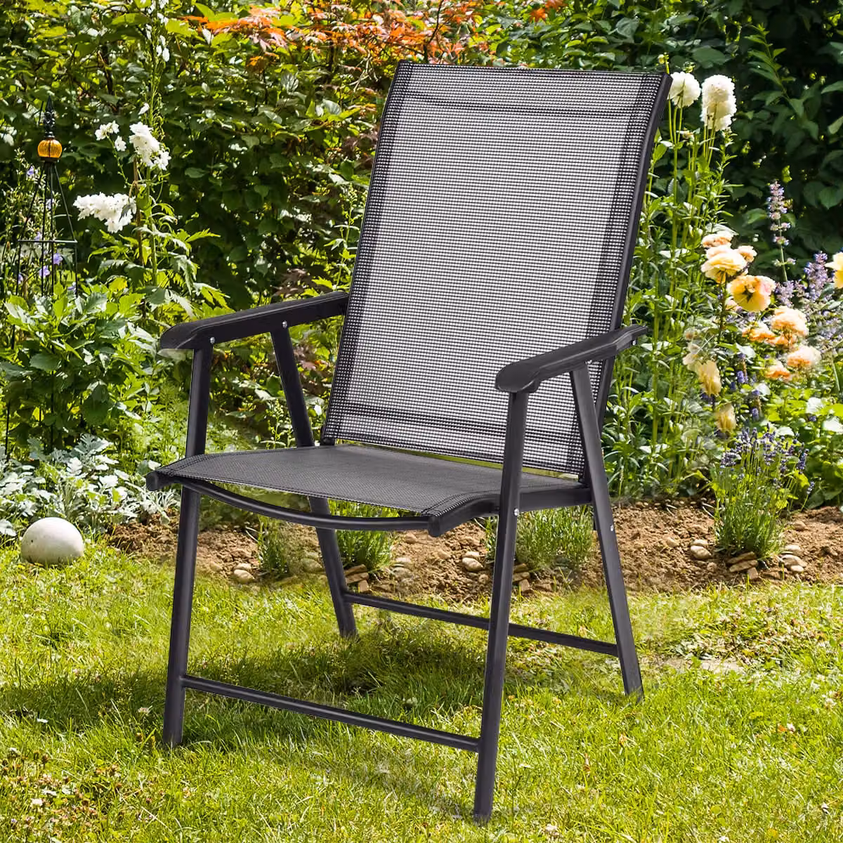 Costway Set of 4 Grey Folding Garden Chairs in Fabric and Metal – 2