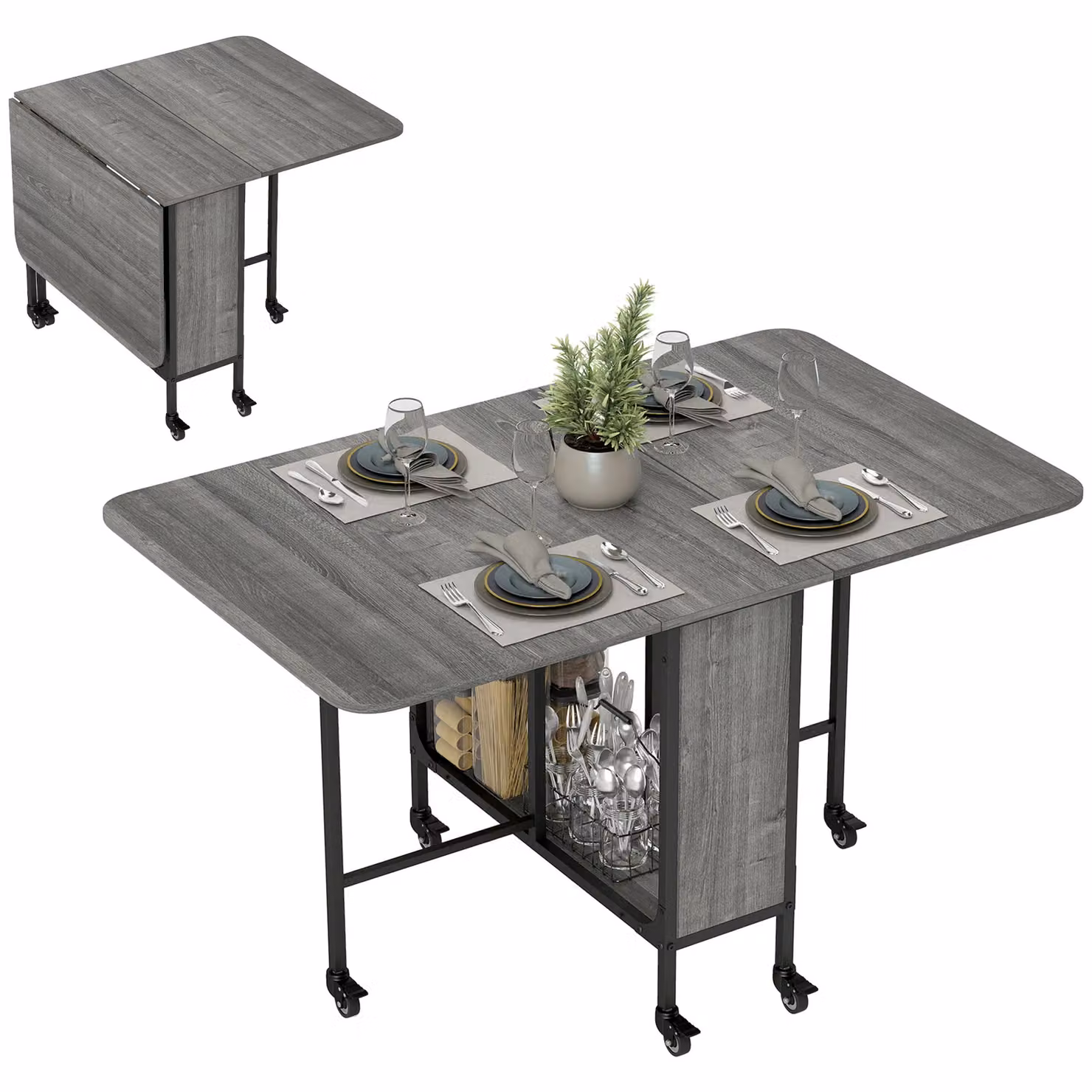 HOMCOM Mobile Drop Leaf Dining Table with Castors and Storage Shelf in Grey – 2