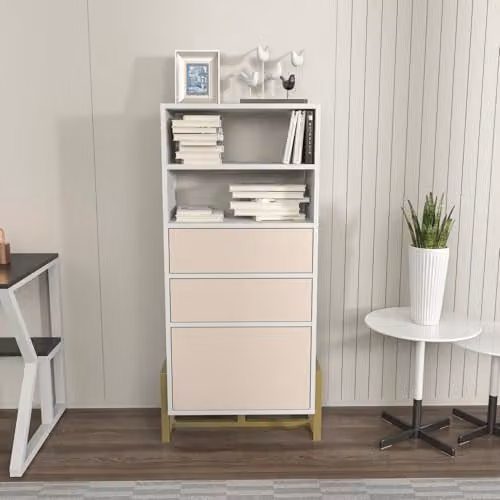 DECOROTIKA Utopia Industrial Bookcase with 3 Cabinets and 2 Shelves, White and Beige, H: 137.0 cm, W: 60.0 cm, D: 35.0 cm