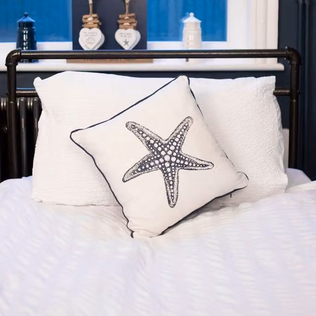 Gloriously Good Square Nautical Starfish Cushion in White and Blue