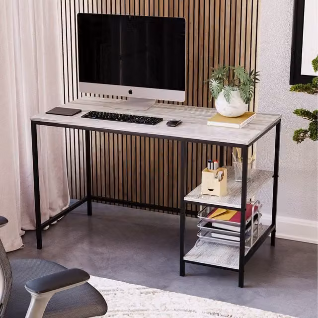 Vida Designs Brooklyn Industrial Computer Desk with 2 Shelves in Grey and Black
