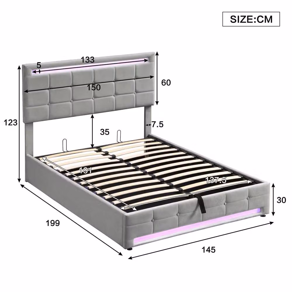 Merax Double Velvet Ottoman Storage Bed with Under-Bed Lighting and Tufted Headboard in Grey, W/D/H: 140 x 200 cm – 4