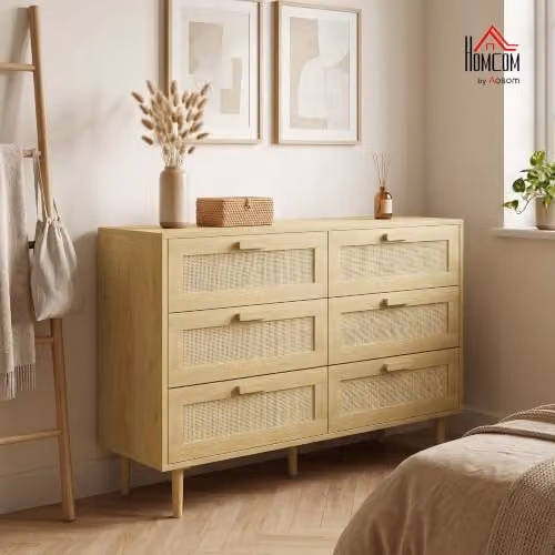 HOMCOM 6 Drawer Oak Chest of Drawers with Bohemian Rattan Design, Brown and Beige, W/D/H: 110 x 40 x 75 cm – 2
