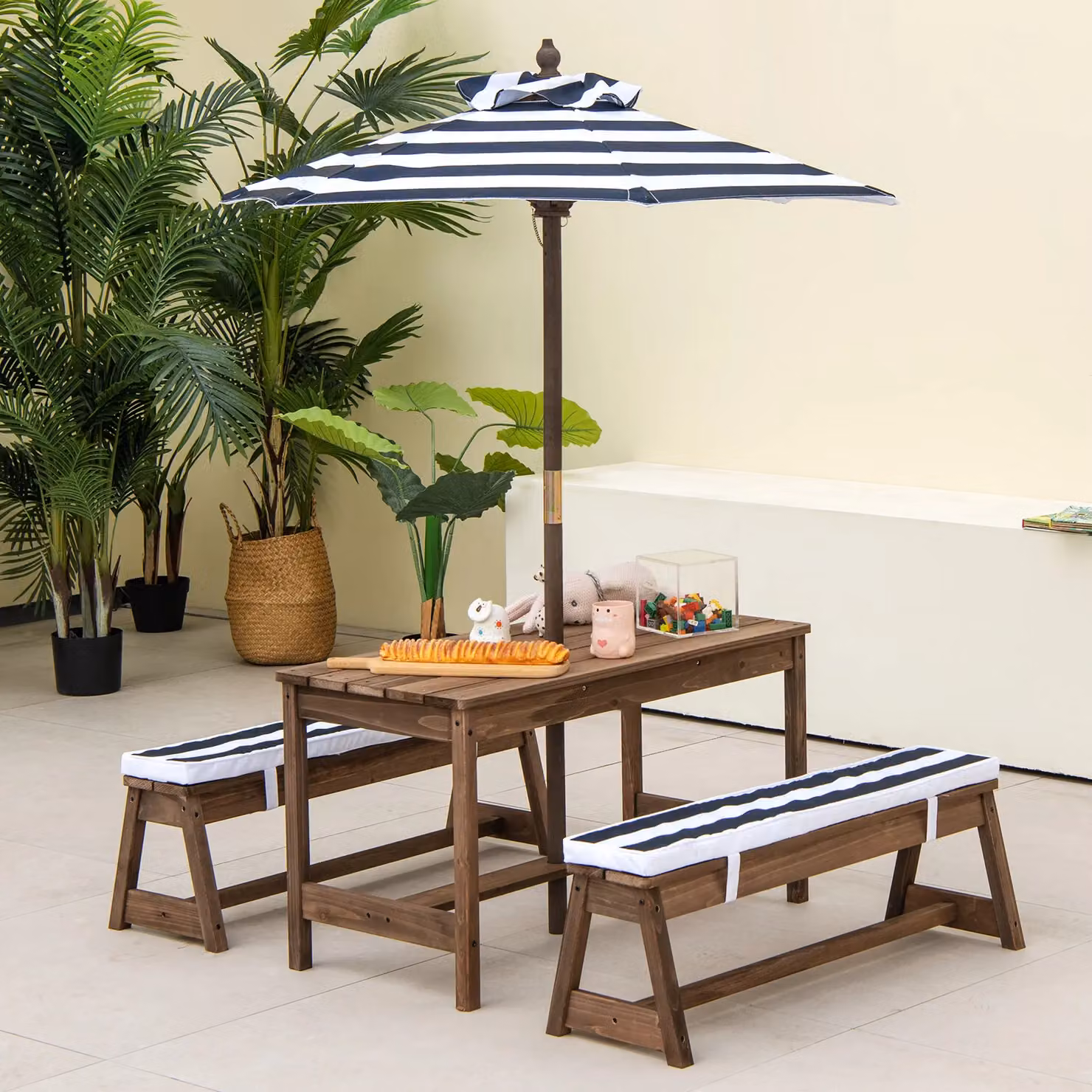 Costway Wooden Kids Picnic Table and Bench Set with Umbrella in Blue – 5