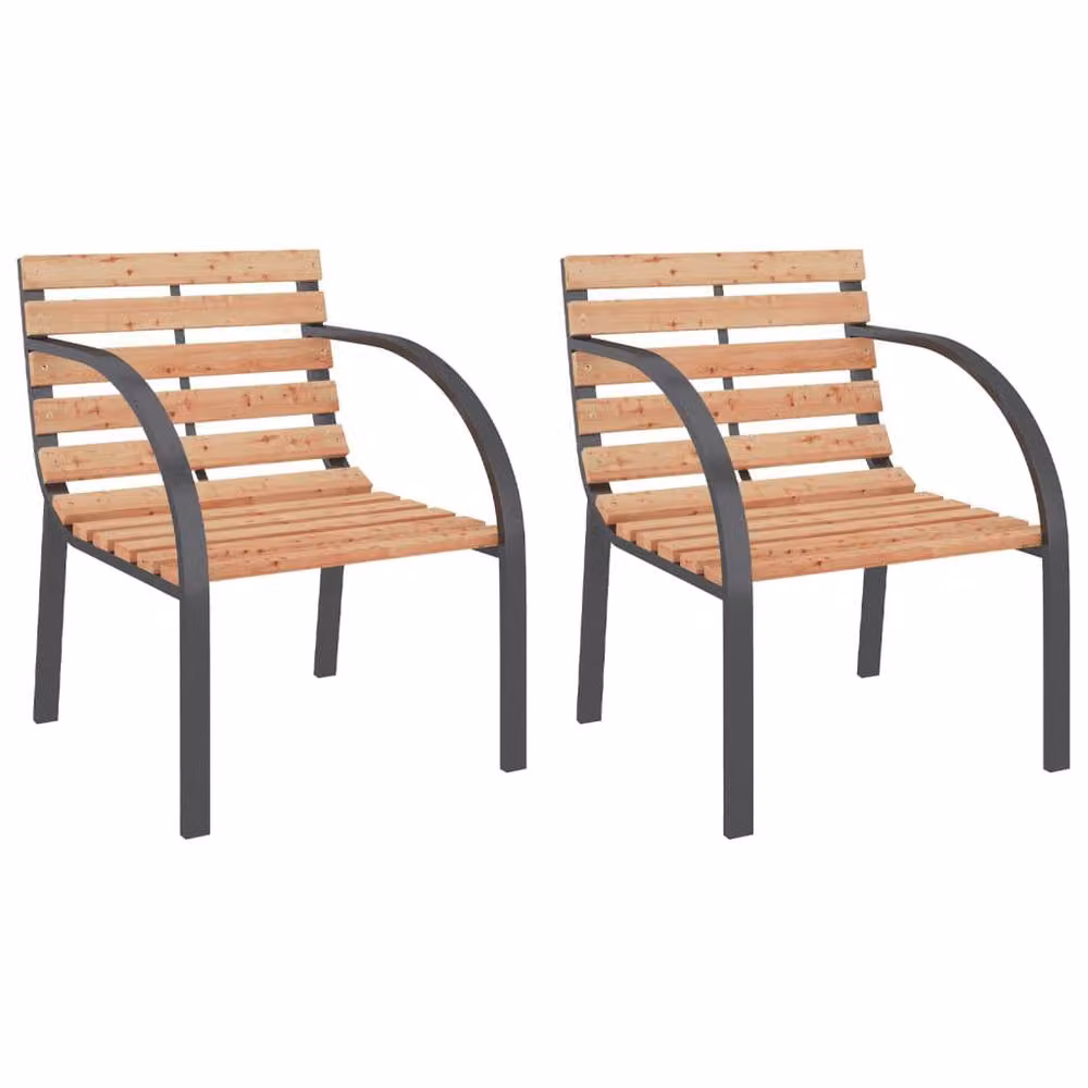 Berkfield Home Set of 2 Brown Wooden Garden Chairs with Armrests and Powder Coated Steel Frame