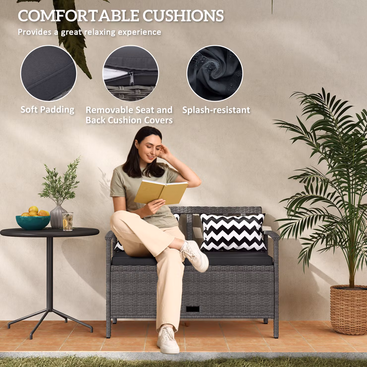 Outsunny 160L Grey Rattan Two-Seater Storage Bench – 6