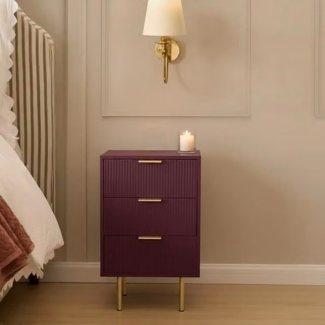 OHS Modern Ribbed 3-Drawer Bedside Table and Office Nightstand in Dark Red – 1