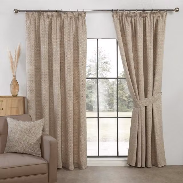 FWStyle Aztec Linen Pencil Pleat Curtains in Brown and Beige, Height: 228.6 cm