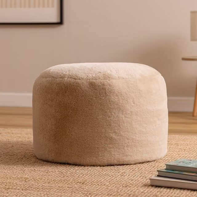 Icon Milano Rabbit Faux Fur Round Footstool Bean Bag in Beige and Yellow