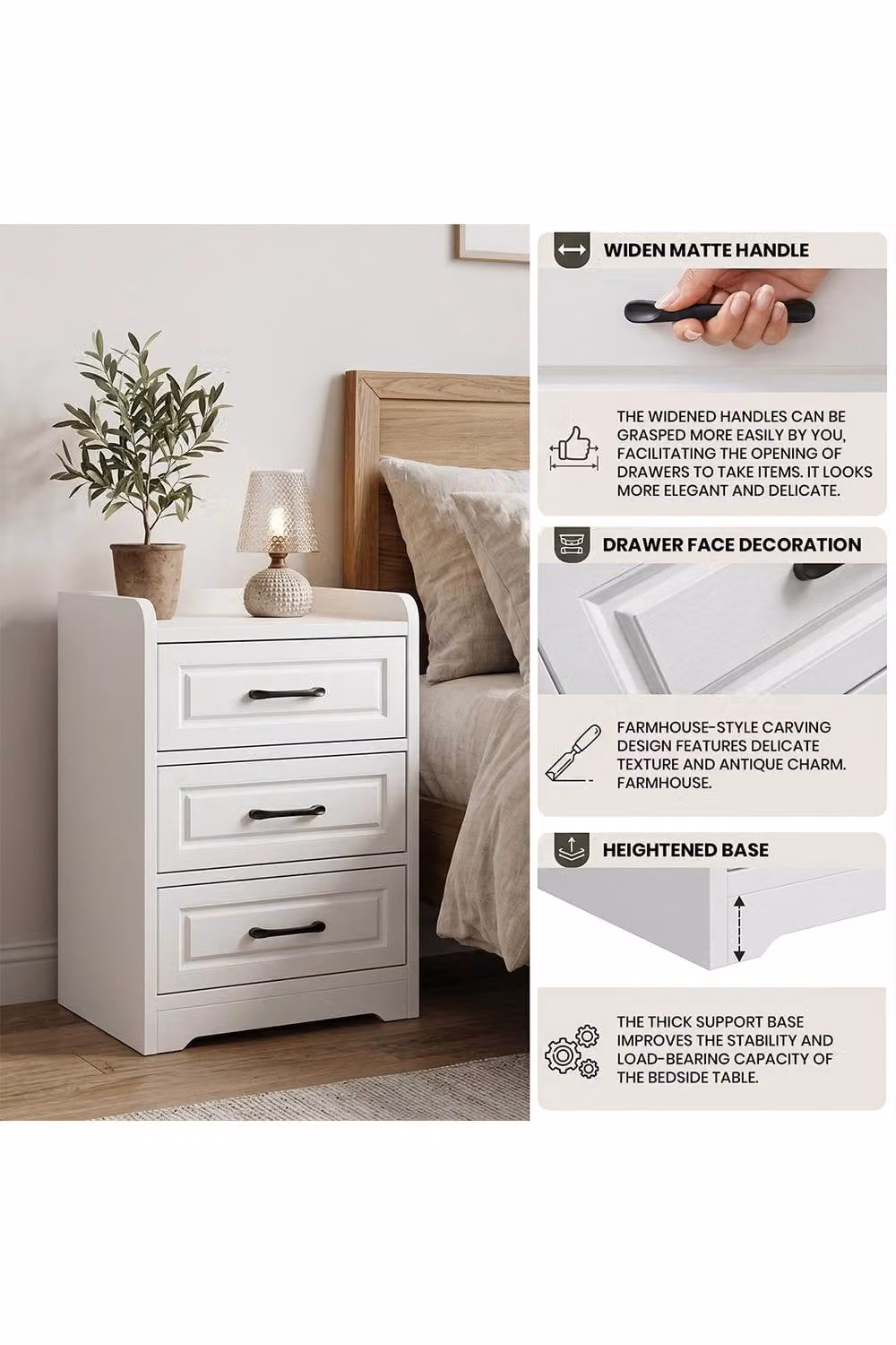 Garden Sanctuary Modern 3-Drawer MDF Bedside Table in White – 2