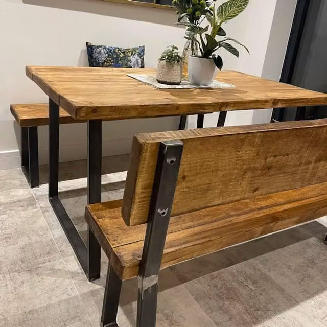 TRL Handmade Furniture Grey Wash and Rugger Brown Rustic Industrial Dining Set with Table, Bench and Bench with Back, W: 250 cm, D: 90 cm