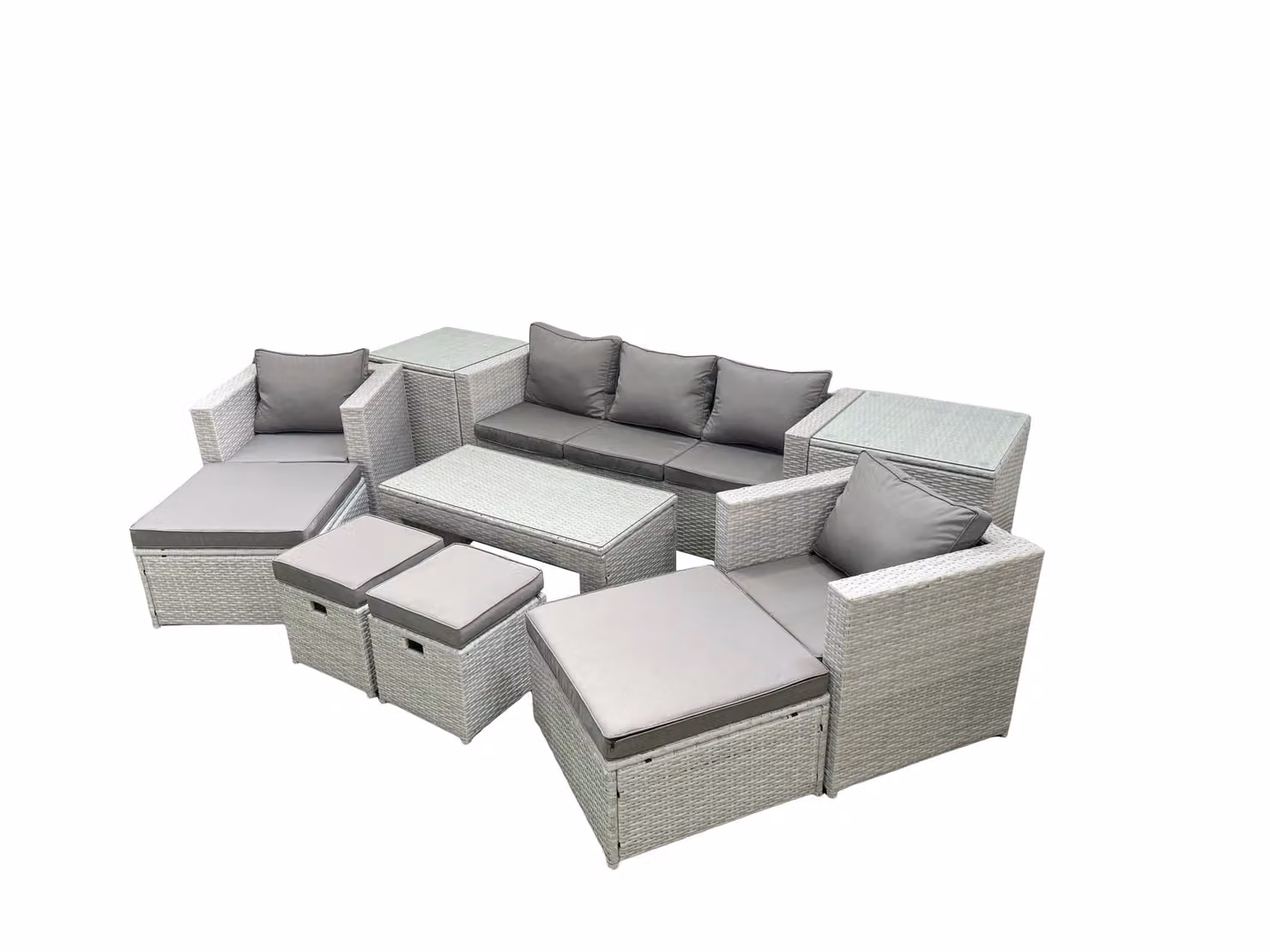 Fimous 9 Seater Rattan Garden Furniture Set in Light Grey with U-Shape Sofa, Coffee Table, Ottomans and Side Tables – 2