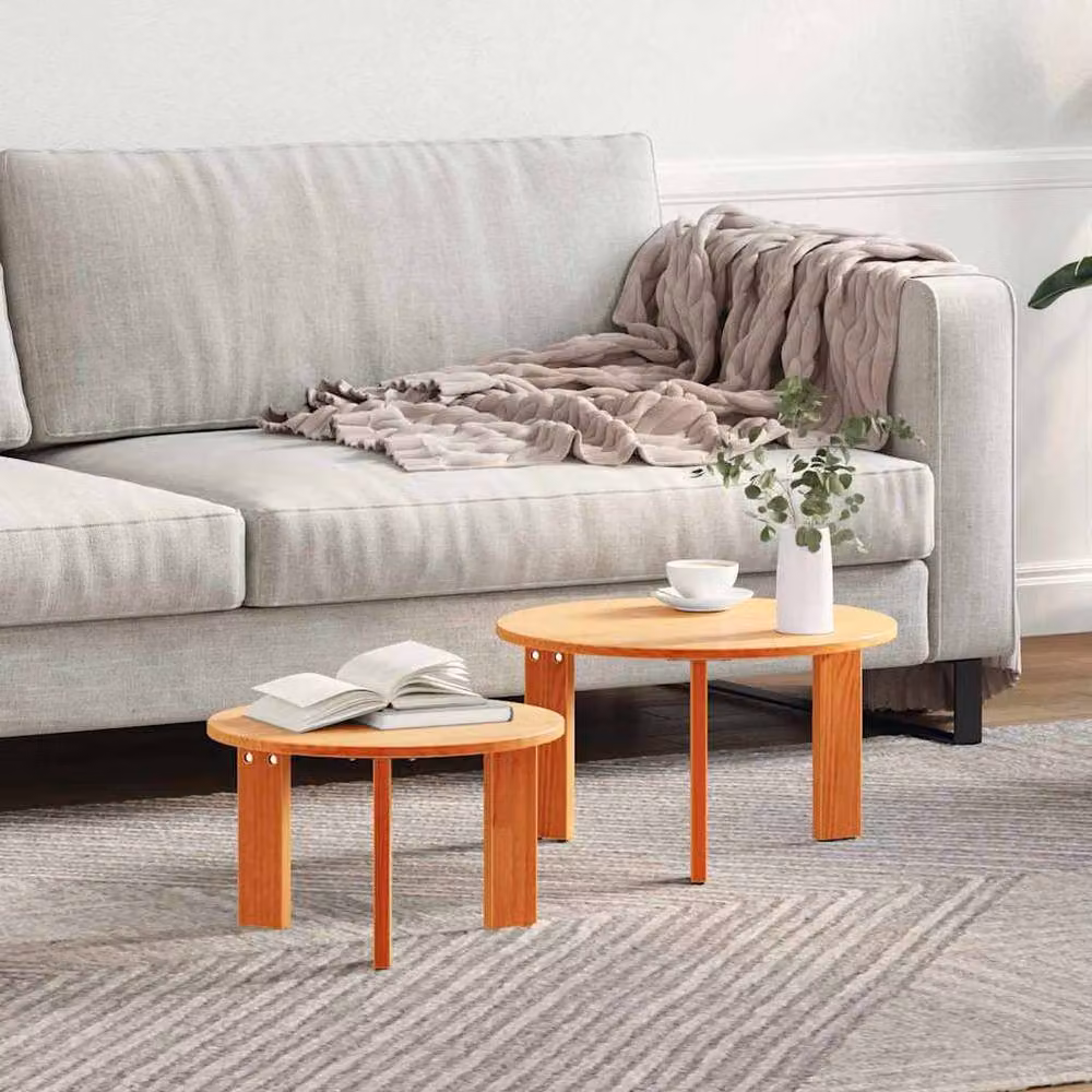 Berkfield Home 2-Piece Round Waxed Pine Coffee Table Set in Brown, W/D/H: 47.5 x 47.5 x 27 cm – 2