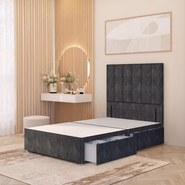 Somnior Beds Ltd Modern Upholstered Divan Bed Base with Drawers in Anthracite Grey, W/D/H: 140 x 200 x 34.5 cm
