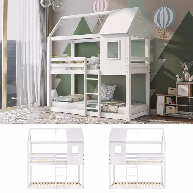 Rolipo White Solid Pine Kids Bunk Bed with House Frame, W/D/H: 90 x 190 cm – 1