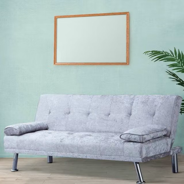 Comfy Living Grey Crush Velvet Click Clack Sofa Bed with Silver Metal Legs