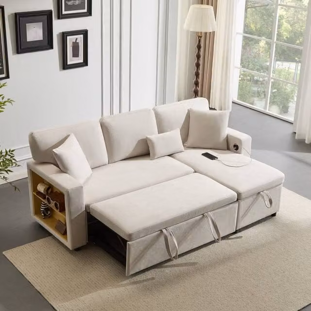 Merax 3-Seater Reversible L-Shaped Pull-Out Corner Sofa Bed with USB Charging and Fabric Upholstery in Beige, W: 214 cm, D: 87 cm, H: 87 cm – 1