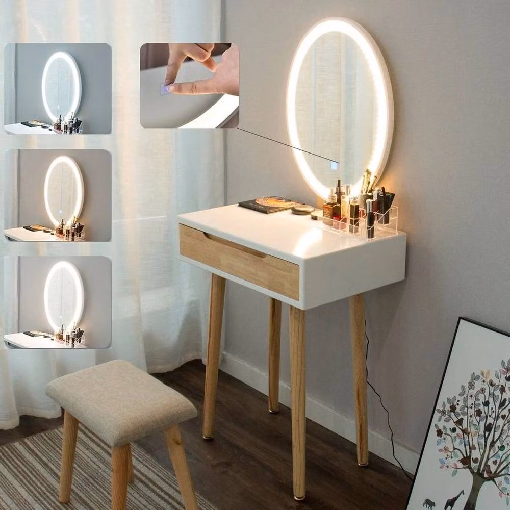 FORGEVIO Hollywood LED Dressing Table Vanity Set with Matt MDF Laminate Finish in Beige, Brown or White – 2