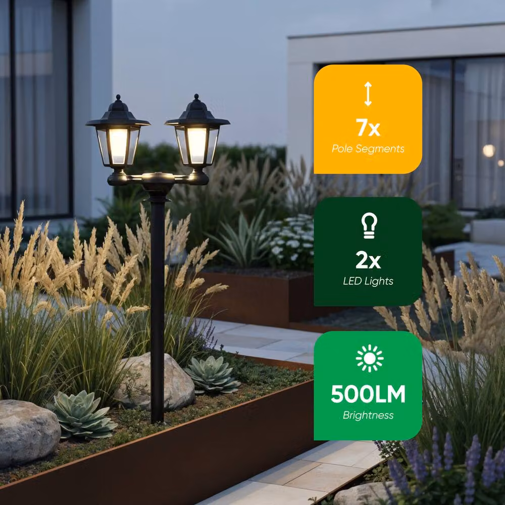 Gardenwize 3-in-1 Solar Powered Double Head LED Outdoor Garden Light in Black, Height: 150 cm – 3