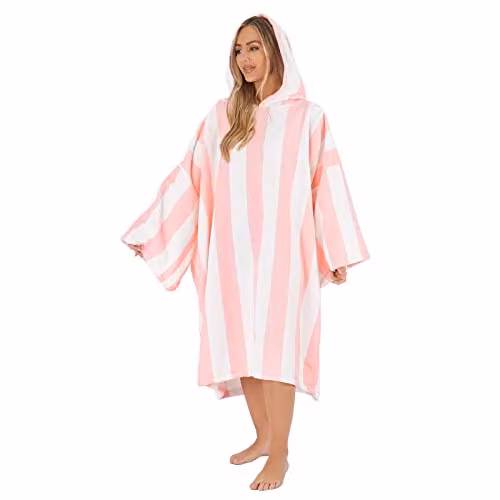OHS Stripe Hooded Poncho Towel Bath Robe in Light Pink – 1