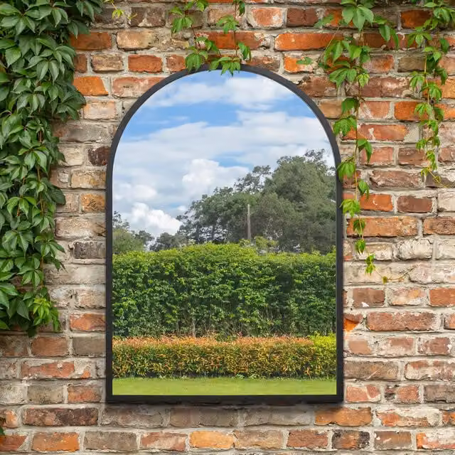 MirrorOutlet Arcus Metal Framed Arched Garden Wall Mirror in Black, Width: 100 cm