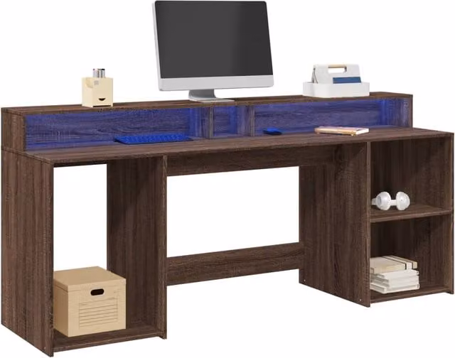 Berkfield Home Brown Oak Gaming Desk with LED Lights, W/D/H: 200 x 55 x 91 cm