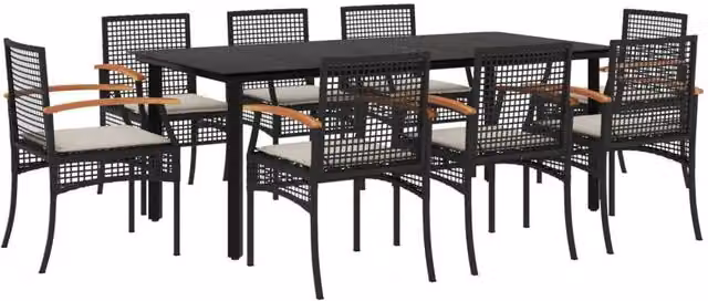 Berkfield Home 9 Piece Black Poly Rattan Garden Dining Set with Cushions