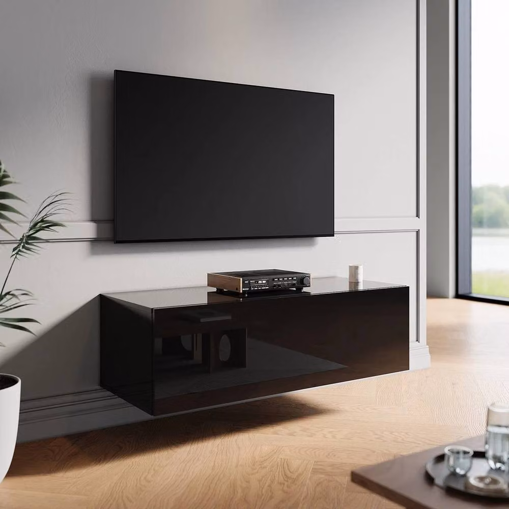 ERGOVEXA Floating TV Cabinet Stand Unit with Storage Door in Black Glossy MDF, W/D/H: 100 x 40 x 30 cm – 2