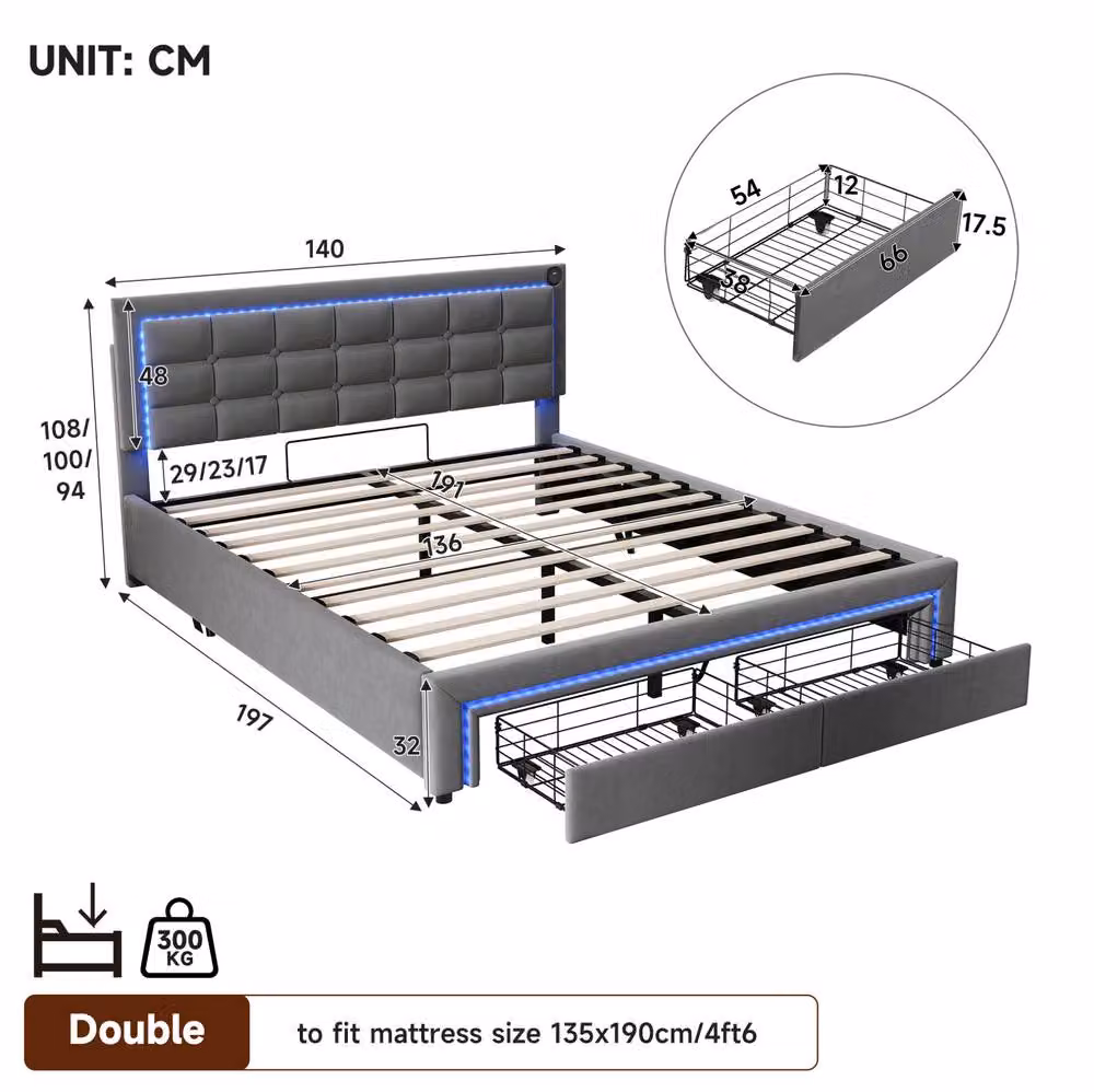STILVORA Grey Upholstered Double Ottoman Bed Frame with Under-Bed LED Lighting and USB Charging Port, W/D/H: 140 x 200 x 137 cm – 4