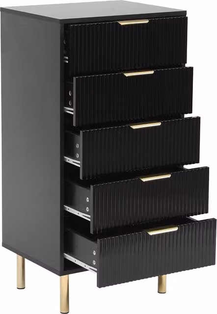 MMT Furniture Designs Moderna Black Gloss 5 Drawer Chest of Drawers with Gold Accents