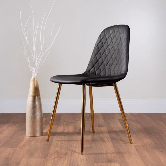 FurnitureboxUK Set of 2 Corona Modern Dining Chairs in Black Faux Leather with Gold Metal Legs