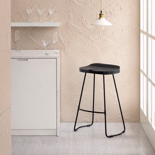 Rombass Black Modern Saddle Seat Kitchen Counter Stools with Mango Wood and Metal Frame