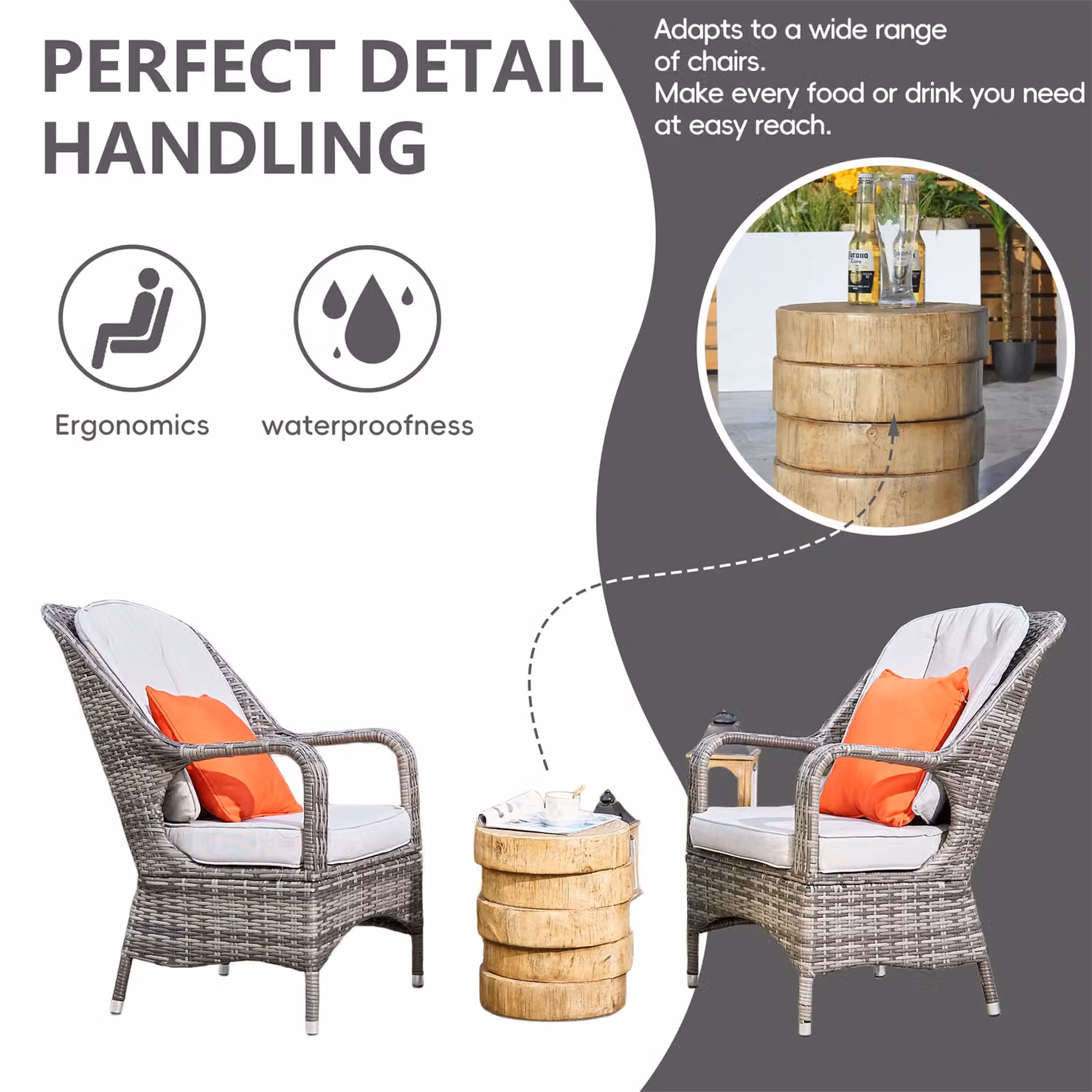 Direct Wicker 3-Piece Outdoor Garden Bistro Set with Grey Rattan Chairs and Beige Concrete Side Table – 3
