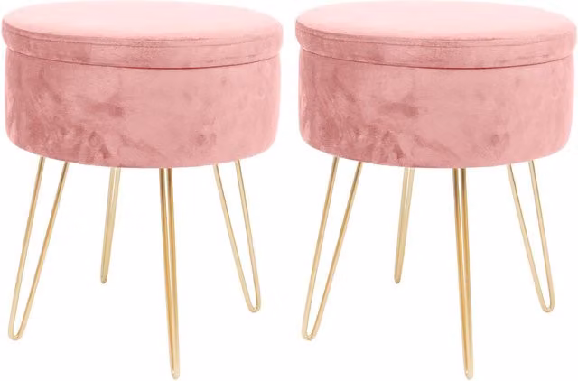 Harbour Housewares Pack of 2 Round Velvet Storage Footstools in Pink with Gold Legs, H45 x D36 cm – 1