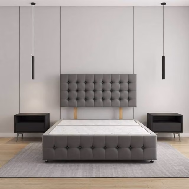Regional Furnishings Grey Velvet Upholstered Divan Bed Base with 24 inch Headboard and 12 inch Footboard, Double, W/D/H: 140 x 200 cm