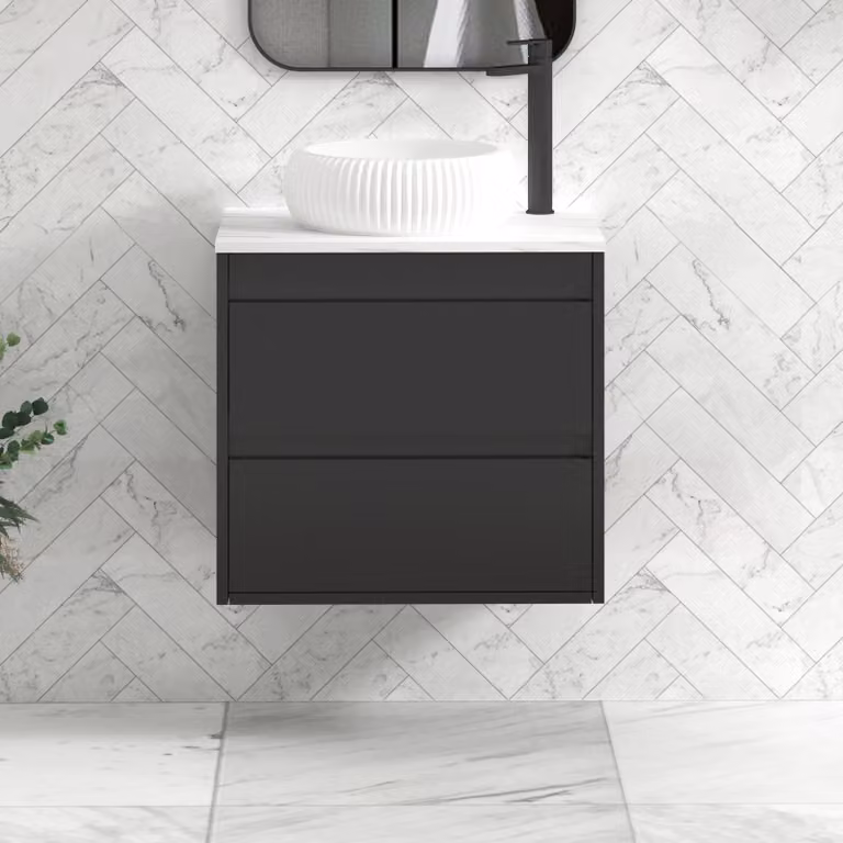 Royal Bathrooms Orion 600mm Matt Obsidian Black Wall Hung Vanity Unit with Milan Basin and 2 Drawers