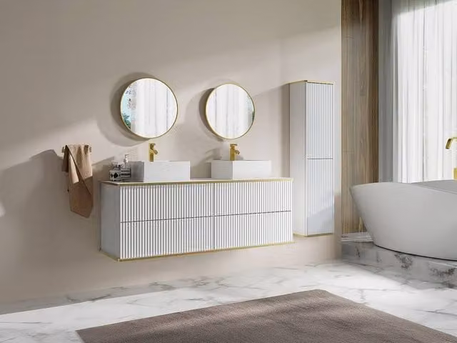 Vente-unique Striped Wall-Hung Bathroom Vanity Unit with Double Square Countertop in White and Gold, W: 150 cm, D: 47 cm, H: 54 cm
