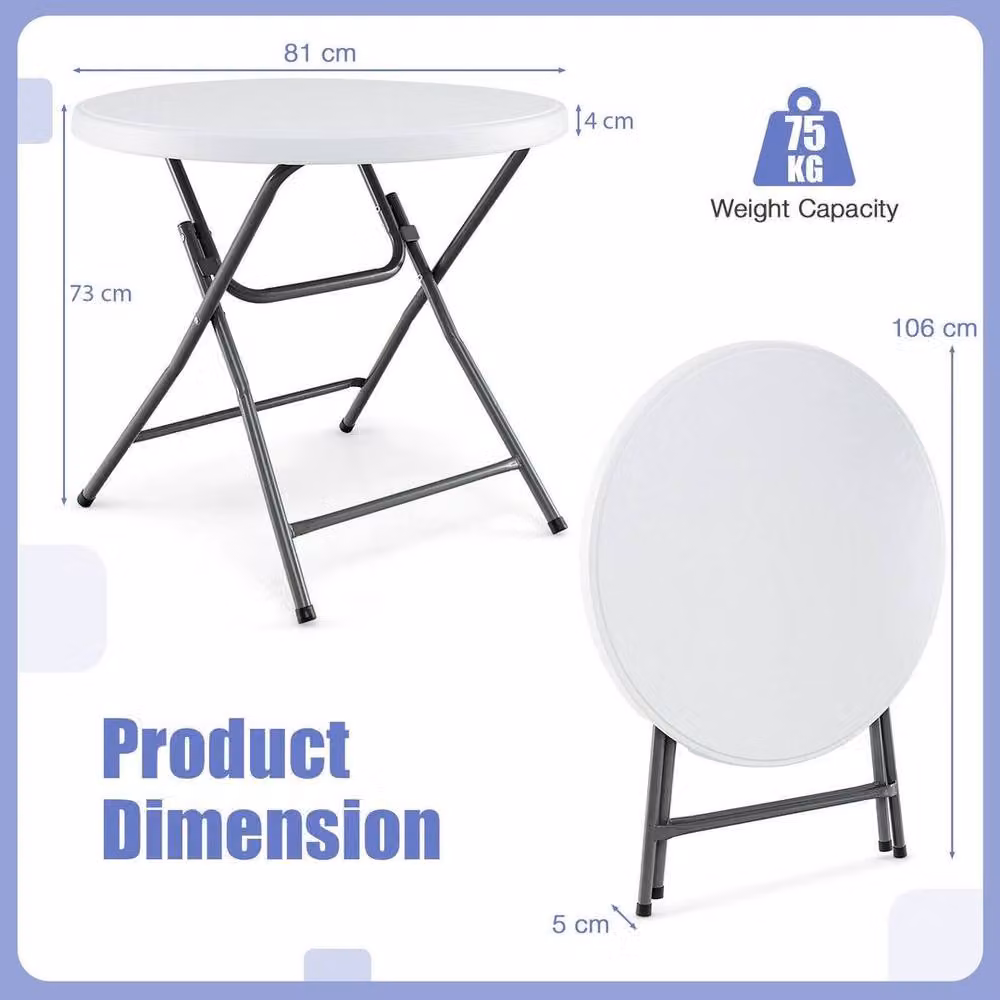 FORGEVIO Round Foldable Plastic Table in White, Diameter: 81 cm – 2