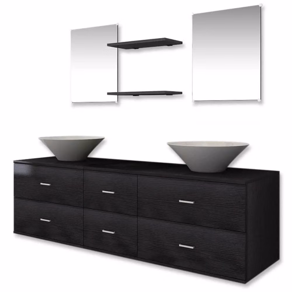 Berkfield Home Seven Piece Modern Black Bathroom Furniture and Basin Set with Wall Cabinet and Vanity Unit – 2